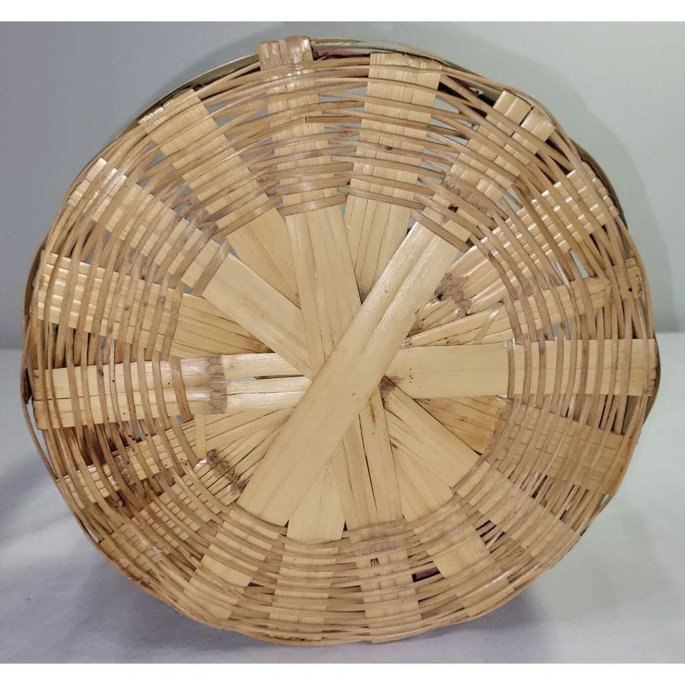 Vintage Woven Easter Basket Round Splint Wood Pink Green Accent Handle